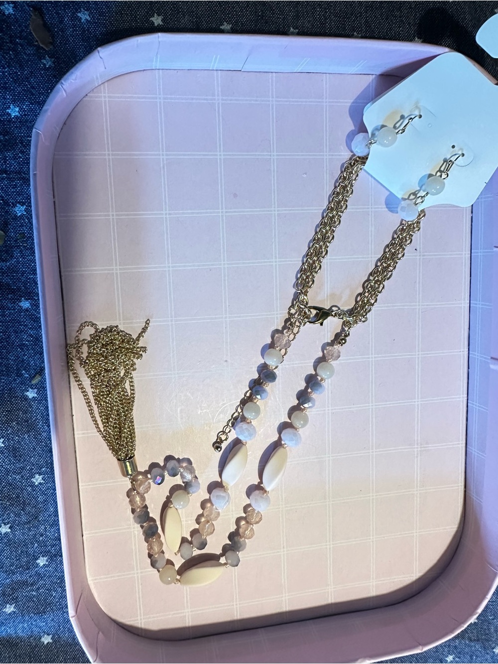 Gold and Blush Beaded Long Necklace and Earrings Set